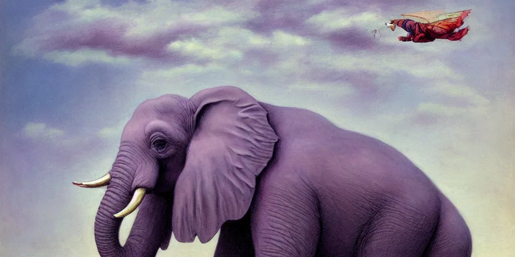 Prompt: a single purple elephant flying in the air like dumbo during a storm, close up of elephant with ground behind, illustration, detailed, smooth, soft, cold, by Adolf Lachman, Shaun Tan, Surrealism
