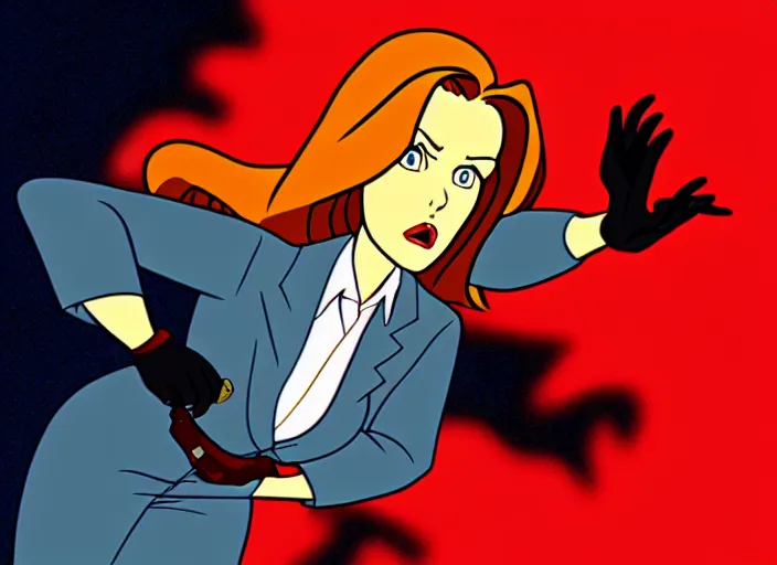 Image similar to dana scully on netflix castlevania, animation cel, anime, sharp detail, animation cel, thin linework, in the style of don bluth, bruce timm, stephen silver, studio trigger