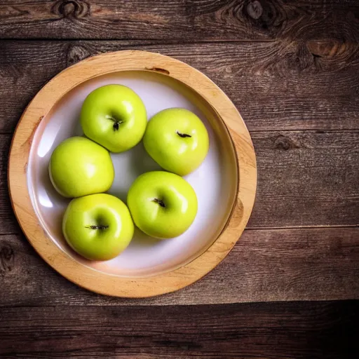 Image similar to a wide angle side view hyper realistic photo of only 3 apples on a wooden plate, food photography, highly detailed, sharp focus, award winning