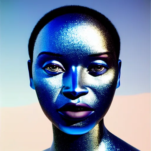 Image similar to portrait of african woman, iridescent metallic face, mercury, mirror reflections, smooth, liquid metal, proud, looking away, outdoor, blue sky, fashion advertising campaign, 8 k, realistic, depth of field, highly detailed, award winning photography, by richard mosse