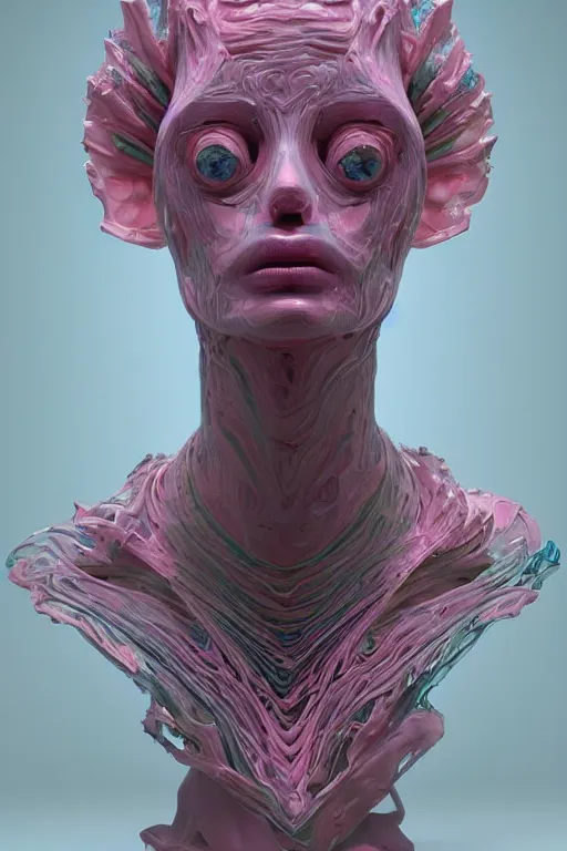 Image similar to epic 3 d abstract sculpture, perlin mesh liquid headdress, 2 0 mm, with pastel pink and cerulean hextech bursting, melting smoothly into other faces, liquid, delicate, beautiful, intricate, houdini sidefx, trending on artstation, by jeremy mann and ilya kuvshinov, jamie hewlett and ayami kojima