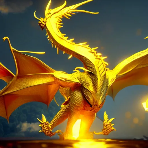 Prompt: a dragon with golden scales, Smaug, trending on artstation, artstationHQ, unreal engine, 4k, 8k, anime style