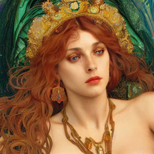 Prompt: an portrait of a beautiful alluring female goddess, detailed, centered, digital painting, artstation, concept art, donato giancola, Dante Gabriel Rossetti, alphonse mucha, Joseph Christian Leyendecker, WLOP, Boris Vallejo, Breathtaking, 8k resolution, extremely detailed, beautiful, establishing shot, artistic, hyperrealistic, beautiful face, octane render