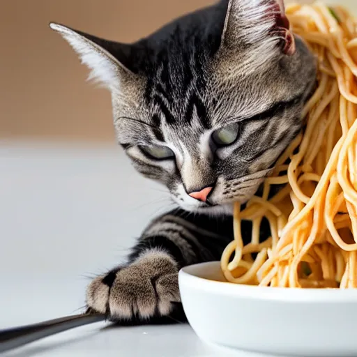 Prompt: cat eating spaghetti with a spoon