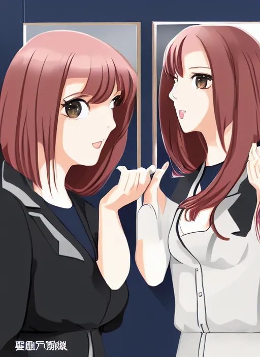 Image similar to a mirror selfie of two beautiful office ladies, gorgeous faces, thick lines, cinematic lighting, detailed anime art