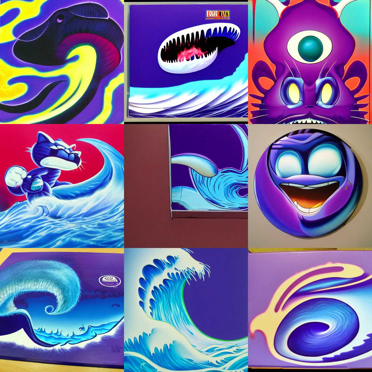 Prompt: surreal, sharp, detailed professional, high quality airbrush art of a blue cresting ocean wave in the shape of felix the cat, purple checkerboard, 1990s 1992 Sega Genesis box artt