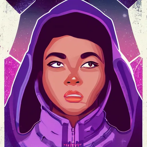 Image similar to poster artwork, sci fi, a female, full body, black hoodie techie, black hair with purple streaks, 8 k