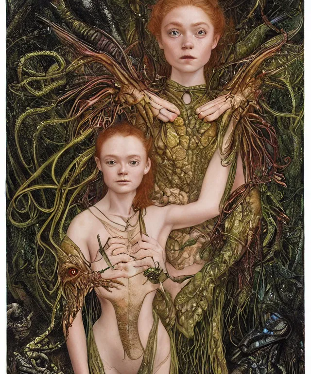 Prompt: a portrait photograph of a fierce sadie sink as an alien harpy queen with slimy amphibian skin. she is trying on a black lace bulbous slimy organic membrane parasite corset and transforming into an insectoid amphibian. by donato giancola, walton ford, ernst haeckel, brian froud, hr giger. 8 k, cgsociety