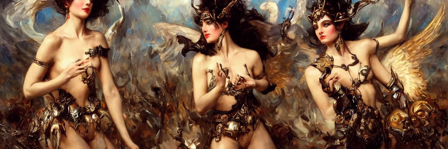 Image similar to a nymph wearing a broken black armor floating in the sky ready to fight angels, the nymph is wearing jewellery and is holding skulls in her hands, extremely realistic and highly detailed painting by gaston bussiere and j. c. leyendecker 8 k