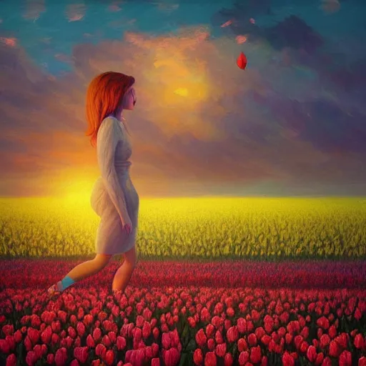 Image similar to large tulip head, girl floating in a flower field, surreal photography, sunrise dramatic light, impressionist painting, colorful clouds, digital painting, artstation, simon stalenhag