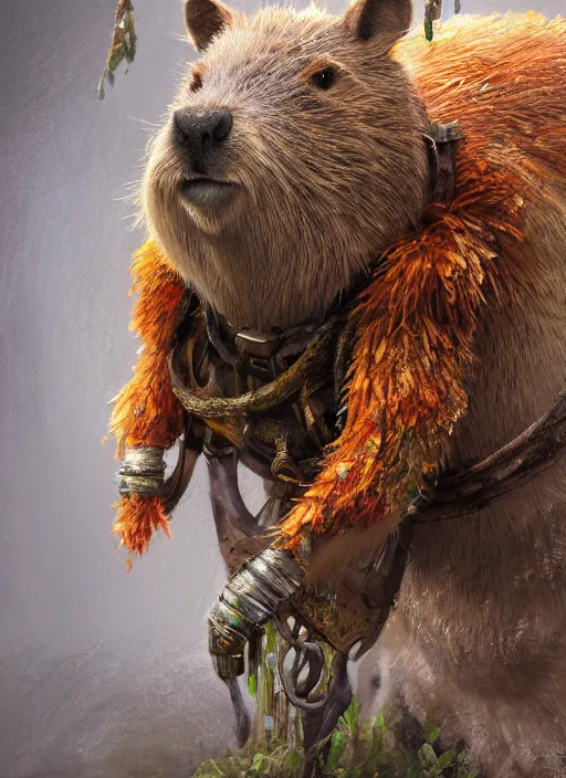 Prompt: detailed full body concept art illustration soft focus oil painting on canvas of an anthropomorphic capybara druid in full intricate clothing, biomutant, dystopian, micro detail, octane render, 4K