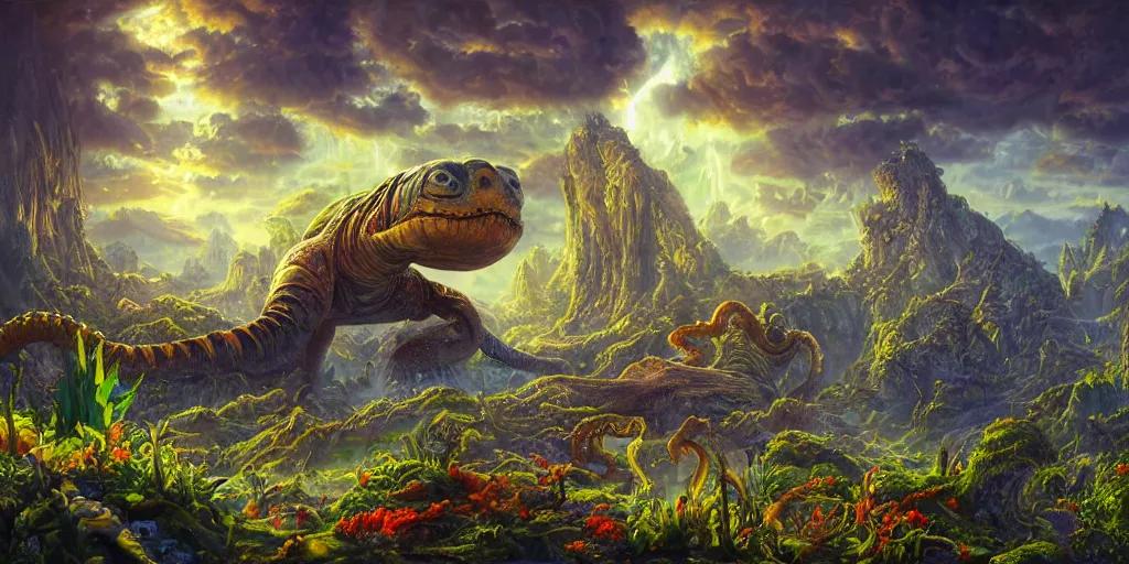 Image similar to fantasy oil painting, great leviathan, cybernetic turtle cephalopod terrapin reptilian pachyderm squid, bella hadid, hybrid, milla jovovich, anubis epic islamic city, natural light, lush plants flowers, spectacular mountains, bright clouds, luminous sky, outer worlds, golden hour, michael cheval, edward hopper, michael whelan, hd