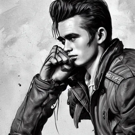 Image similar to a highly detailed epic cinematic concept art CG render digital painting artwork costume design: young James Dean as a well-kept neat anarchist rebel in 1950s USSR mechanic outfit and big boots. By Greg Rutkowski, Ilya Kuvshinov, WLOP, Stanley Artgerm Lau, Ruan Jia and Fenghua Zhong, trending on ArtStation, subtle muted cinematic colors, made in Maya, Blender and Photoshop, octane render, excellent composition, cinematic atmosphere, dynamic dramatic cinematic lighting, aesthetic, very inspirational, arthouse