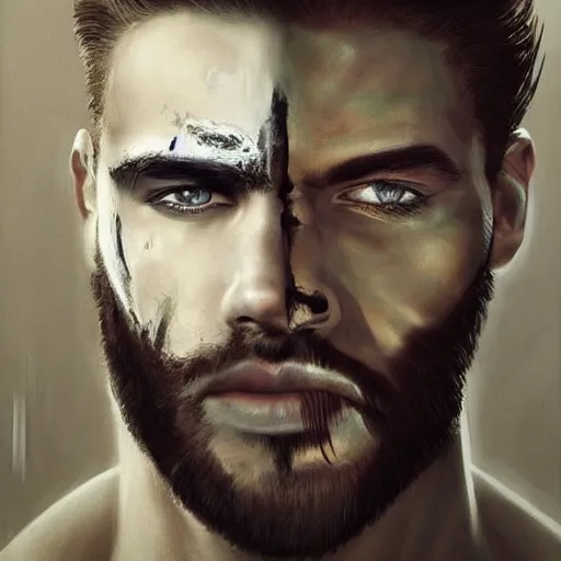 Prompt: Beautiful face Portrait of very manly Gigachad with very big jaws, original Gigachad, big eyebrows, colorful face painting on grey scale face, powerful , magic, thunders, dramatic lighting, intricate, wild, highly detailed, digital painting, artstation, concept art, smooth, sharp focus, illustration, art by artgerm and greg rutkowski and alphonse mucha, footage from space camera C 12.0