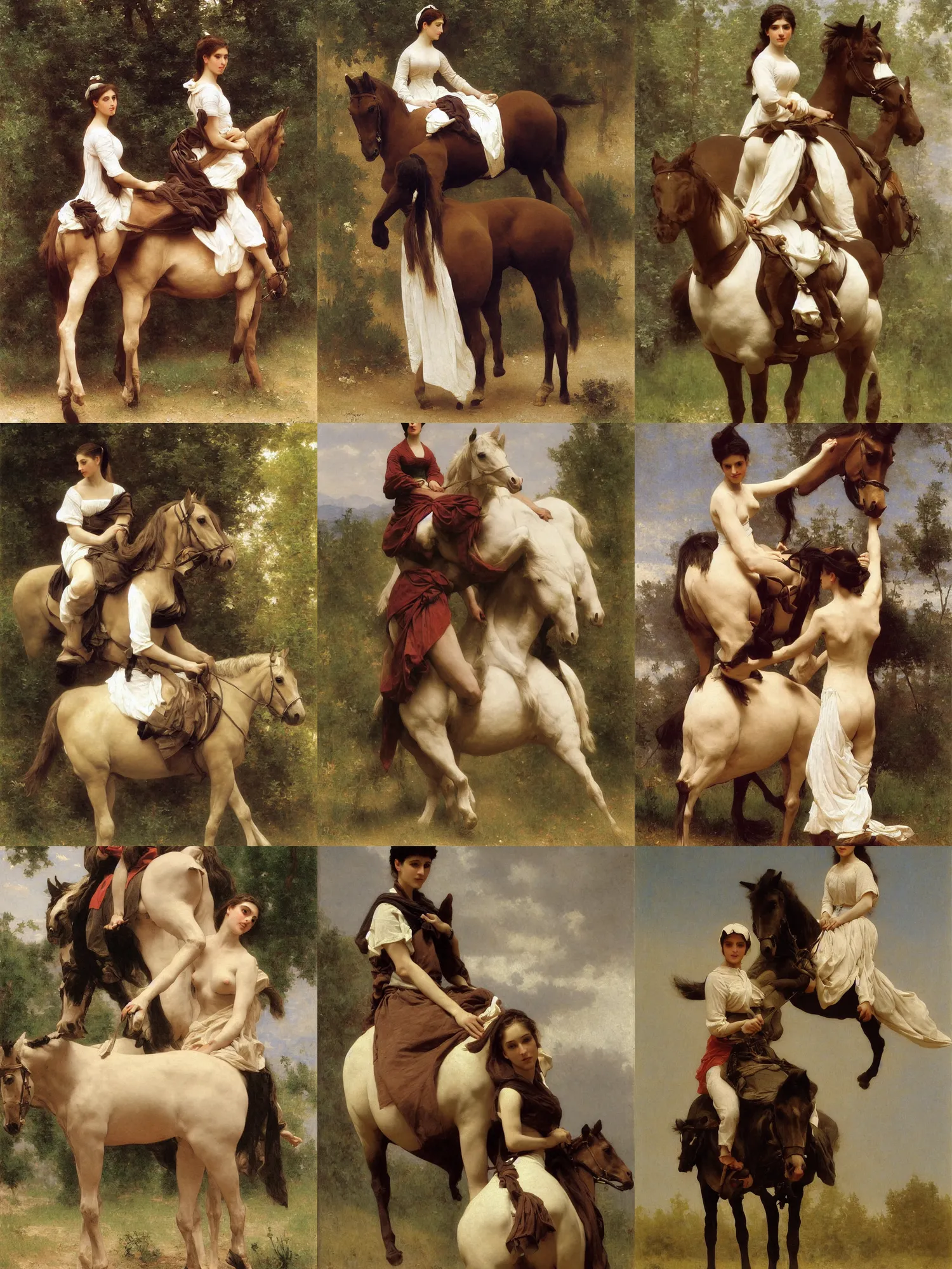 Prompt: woman on a horse painting by bouguereau full body