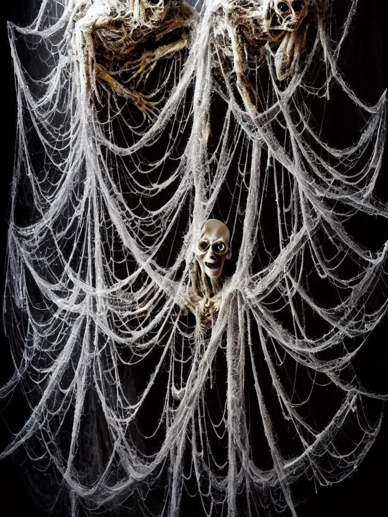 Image similar to Petrified Bodies covered in cobwebs and spiders Guarded by the Arachnid King, Epic, Cinematic, Horror, Science Fiction, Anguish, Humans Wrapped in cocoons, Monstrosity Nightmare, Scary, Spooky Lighting, Dark Fantasy Art, Creature.