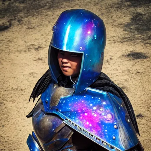 Image similar to photo of a female warrior with galaxy colored armour and weapons