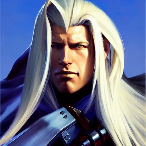 Image similar to Greg Manchess portrait painting of Sephiroth from FFVII as Overwatch character, medium shot, asymmetrical, profile picture, Organic Painting, sunny day, Matte Painting, bold shapes, hard edges, street art, trending on artstation, by Huang Guangjian and Gil Elvgren and Sachin Teng
