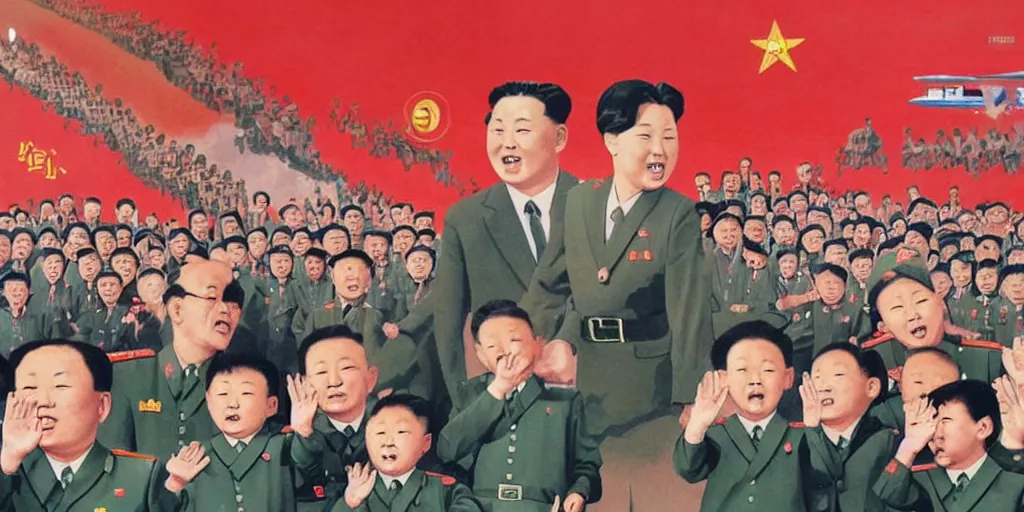 Image similar to north korean propaganda poster with children surrounding dear leader and generals crying in the background