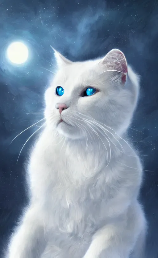 Image similar to a white cat with cosmos in its eyes, dynamic lighting, photorealistic fantasy concept art, trending on art station, stunning visuals, creative, cinematic, ultra detailed