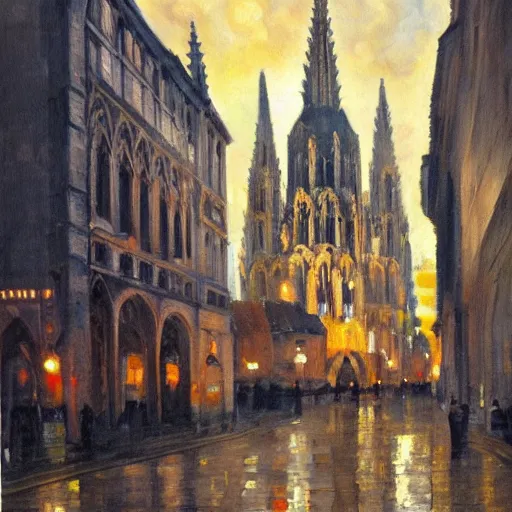 Prompt: an oil painting of Amiens, artstation, interesting lights, cathedral in background, perret