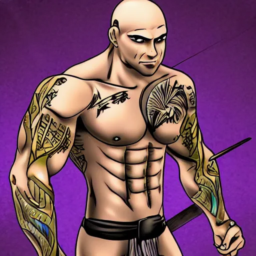 Image similar to muscular bald man, tattooed body, sword in hands, HD, anime style,