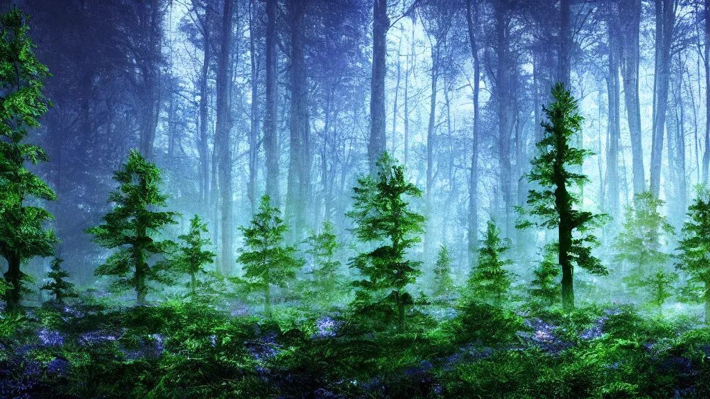 Image similar to portrait of an ethereal evergreen forest made of green and purple light, divine, cyberspace, mysterious, dark high-contrast concept art, log cabin made of blue light