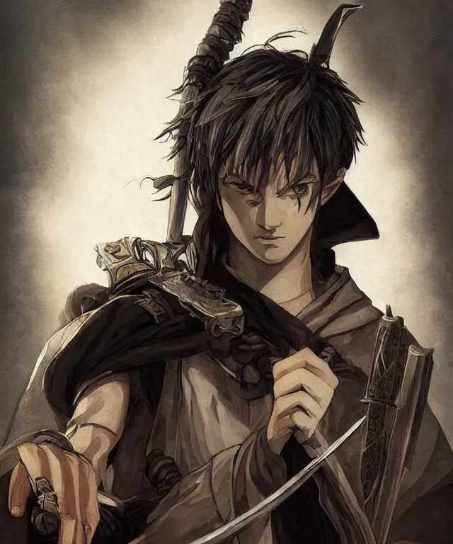 Prompt: drawing painting portrait of a noble young man with a sword in style of game art lord of the rings banner saga ashes of gods toriyama gantz miura kentaro photorealistic cyberpunk steampunk frank miller alex ross trending