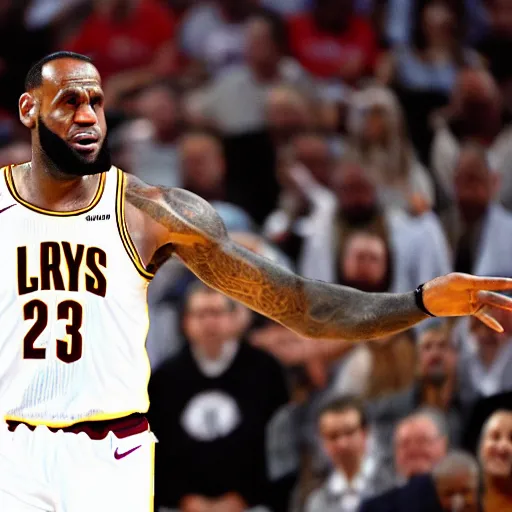 Prompt: professional close up shot photograph of lebron james dancing wildly in an nba game, wearing nba jersey, standing, clear image, as seen on getty images, smooth, uncompressed, low contrast