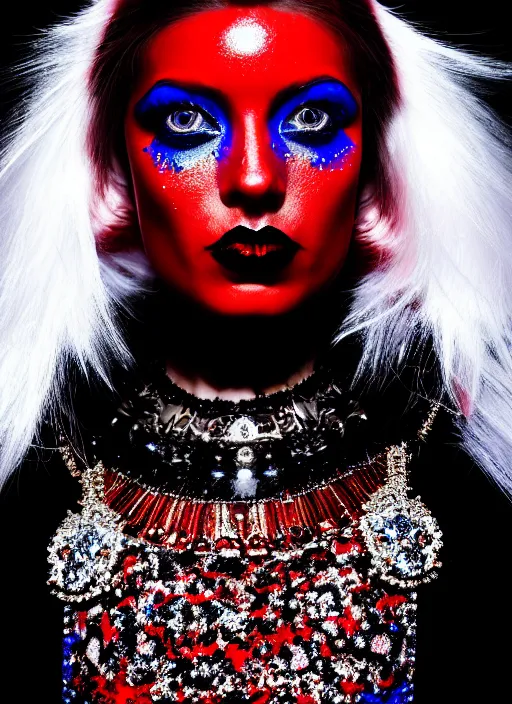 Image similar to a female high fashion model wearing a jeweled face crown, dark eye make - up, red lips, alexander mcqueen, haute couture, artstation, high detail, black, red and blue, 8 0 s airbrushed, film still, cinematic composition