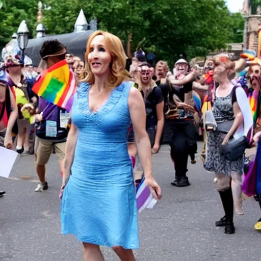 Prompt: JK Rowling starting terrified at a Pride Parade