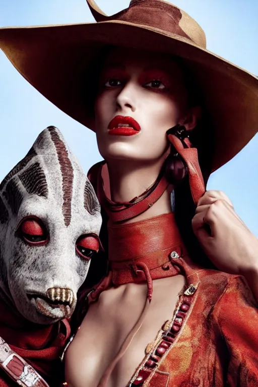 Image similar to dolce & gabbana campaign featuring jar jar binks as a female cowgirl, long eyeslashes, huge juicy lips, big seductive eyes, realistic colors, no filter, realistic vfx simulation