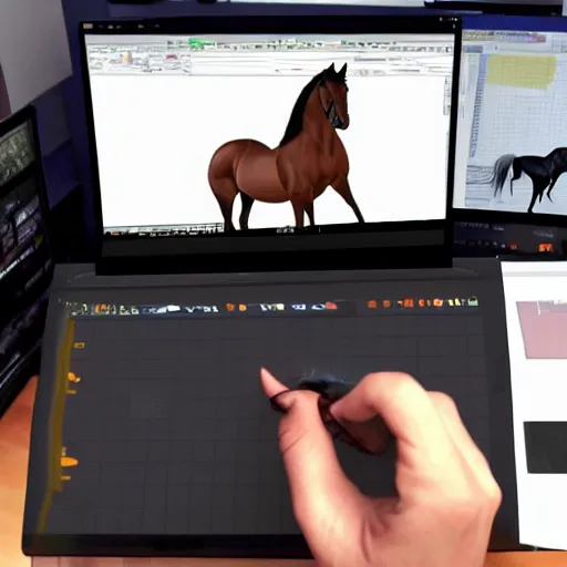 Prompt: photo of a person using a 3 d modelling program on their computer to model a horse