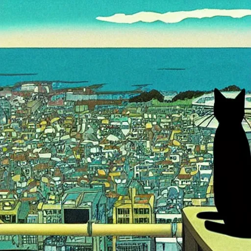 Image similar to an anthro black cat looking out over a city, Miyazaki, studio ghibli