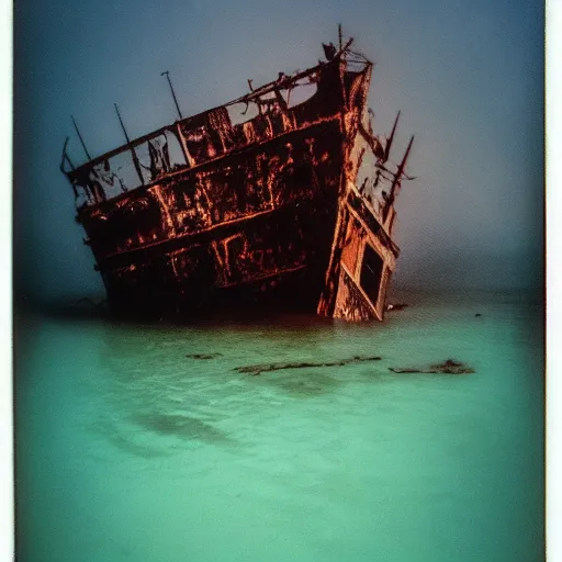 Image similar to towering rusty shipwreck, underwater, murky, megalophobia, old polaroid, expired film,