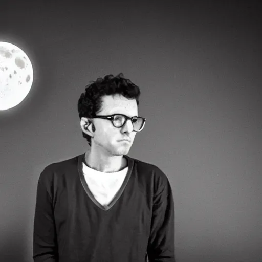 Prompt: a melancholic man in a cross - striped t - shirt with very large glasses looks at an exploding moon in a dirty warehouse. in the style of eraserhead