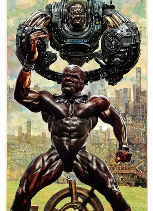 Image similar to portrait of ronnie coleman as cyborg super villain sitting on throne, by lawrence alma tadema and rick berry and norman rockwell and greg staples and jack kirby