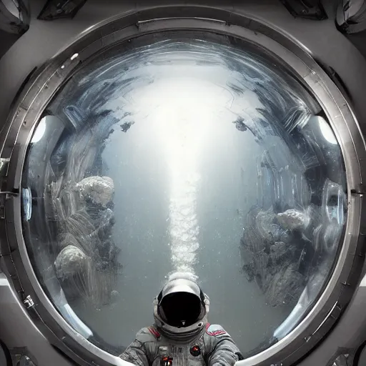 Image similar to concept art by craig mullins diver astronaut in futuristic dark and empty spaceship. infrared complex and hyperdetailed technical suit design. mandelbulb fractal underwater space. reflection and dispersion materials rays and dispersion of light breaking through the deep water. 5 0 mm, f / 3 2. noise film photo. flash photography. trend artstation
