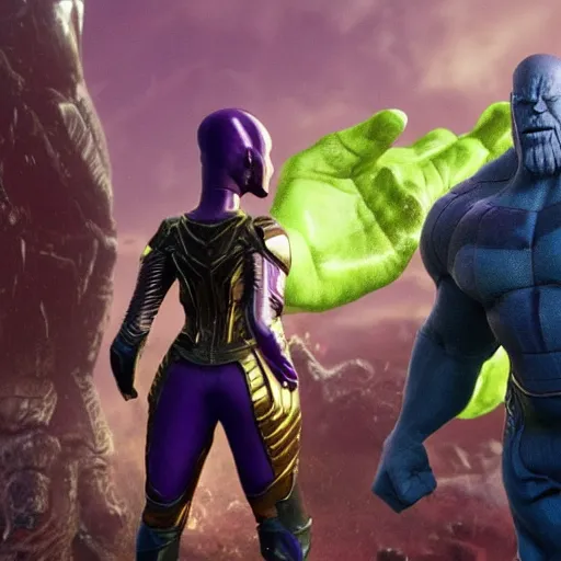 Prompt: thanos lookingg for his mom in a walmart