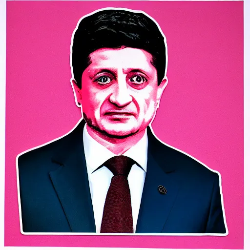 Image similar to volodymyr oleksandrovych zelensky president of ukraine. face like in his photographs. intricate sticker design by andy warhol