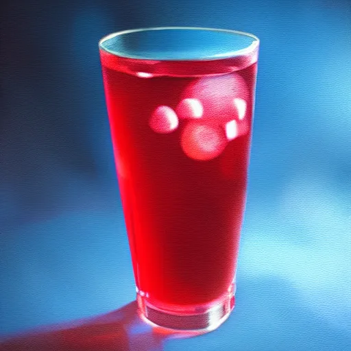 Prompt: photorealistic digital painting of a glass of cherry soda, dim red lights, dim blue lights, very dark room