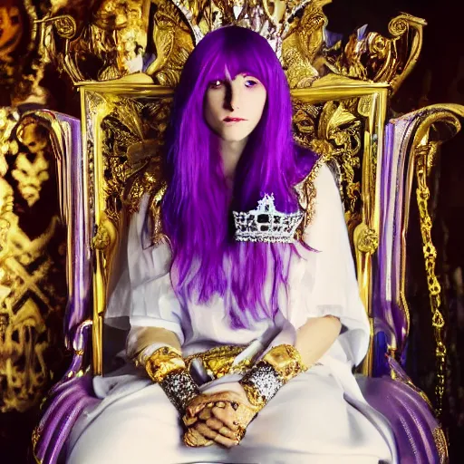 Prompt: A 4k photo of a skinny young woman with purple hair wearing a diamond crown, sitting in a throne in a dark room. Back light