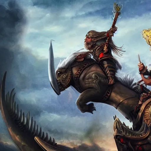 Image similar to viking holding the severed head of donald trump, rides a dragon flying over the white house, 8 k