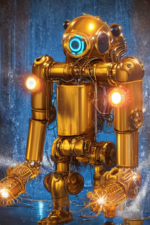 Image similar to portrait photo of a giant huge golden and blue metal humanoid steampunk robot cleaner robot, with gears tubes vaccuumcleaner, on the wet floor are mop and bucket, eyes are glowing red lightbulbs, shiny crisp finish, 3 d render, 8 k, insaneley detailed, fluorescent colors, background is multicolored lasershow