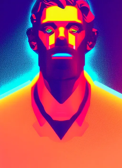 Prompt: bust of uberchad with chiseled jaw, beeple, vaporwave, retrowave, black background, neon wiring, black, glitch, strong contrast, cuts, pinterest, trending on artstation