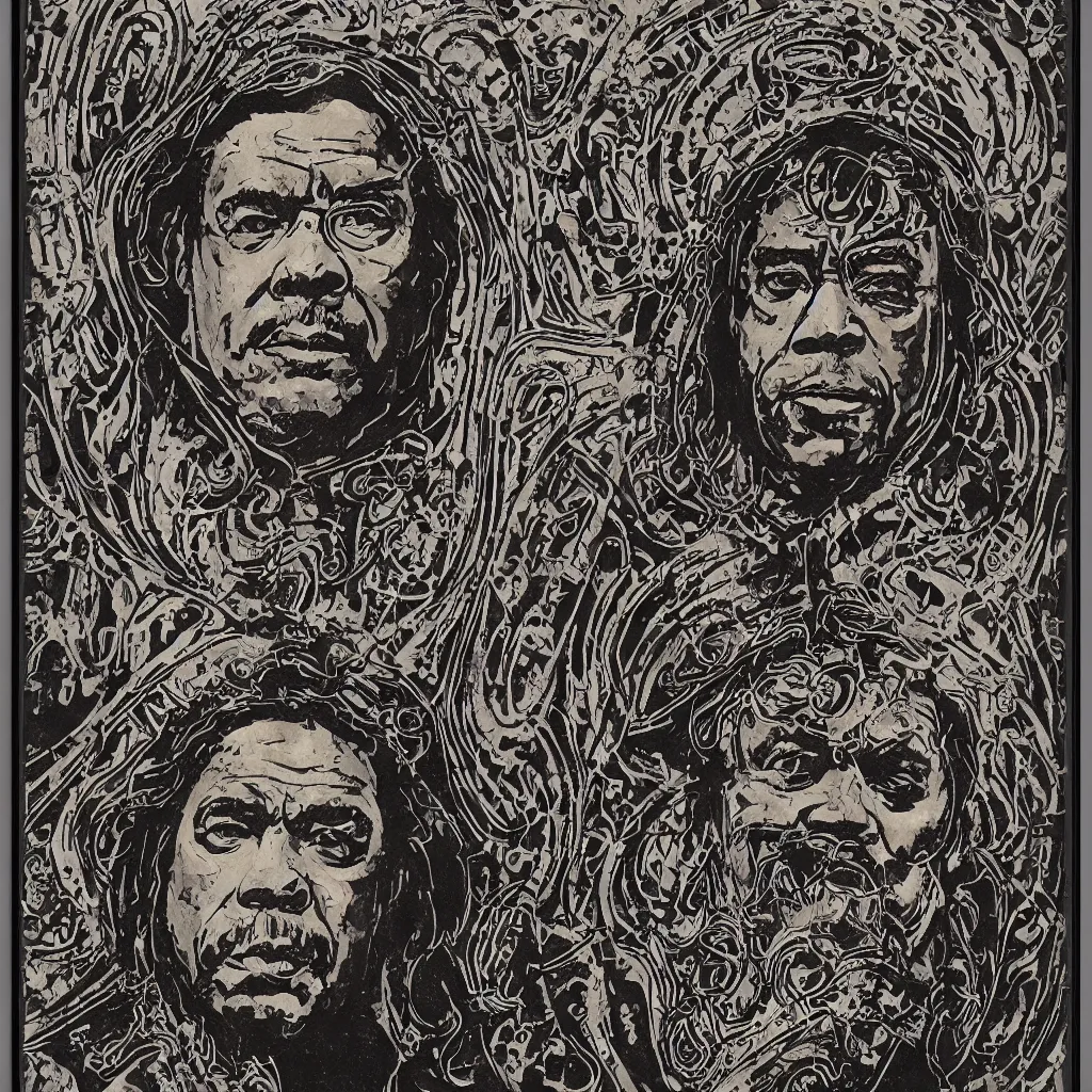 Image similar to A dramatic art nouveau bust portrait of James Earl Jones with long black hair as Thulsa Doom in scratchy rune-carved armor, framed with metallic art nouveau shield designs around the borders, by Travis Charest, Jia Ruan and Bill Sienkiewicz, watercolor, bleed, splatters, random brush strokes, epic lighting and depth of field, sinister ambience, malevolent expression, determination, dominance, confidence, mixed media painting, accurate symmetrical facial details, perfect symmetry, sumerian, roman, egyptian, medieval, intricately detailed
