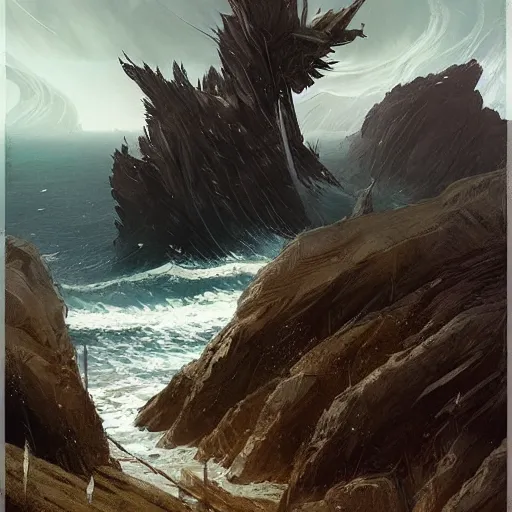 Prompt: a windswept legendary epic landscape resembling the ace of swords tarot card!! by greg rutkowski, painterly style, highly detailed