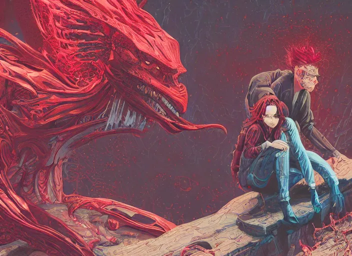 Image similar to couple, woman loves demon, sit upon a scarlet coloured beast, pain, light effect, hyper detailed, intricate, elegant, highly detailed, digital painting, artstation, concept art, matte, sharp focus, illustration, by dan mumford, yusuke murata, makoto shinkai, ross tran