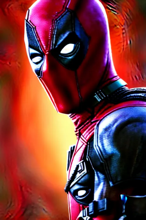 Image similar to cinematic shot of an epic portrait deadpool as a baby with hes suit, shiny skin, beautiful eyes, beautiful, small details, night setting, realistic poster with volumetric light from craig mallism, artgerm, jeremy lipkin and michael garmash, unreal engine, radiant light, detailed and complex environment, digital art, trends at art station, a masterpiece