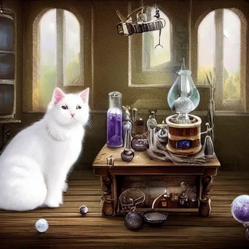 Prompt: a full body beautifull witch with white hair in an old room a cristal ball in a wood table with a potions and old instruments in the floor a white cat licking his paw in a fantasy style paiting